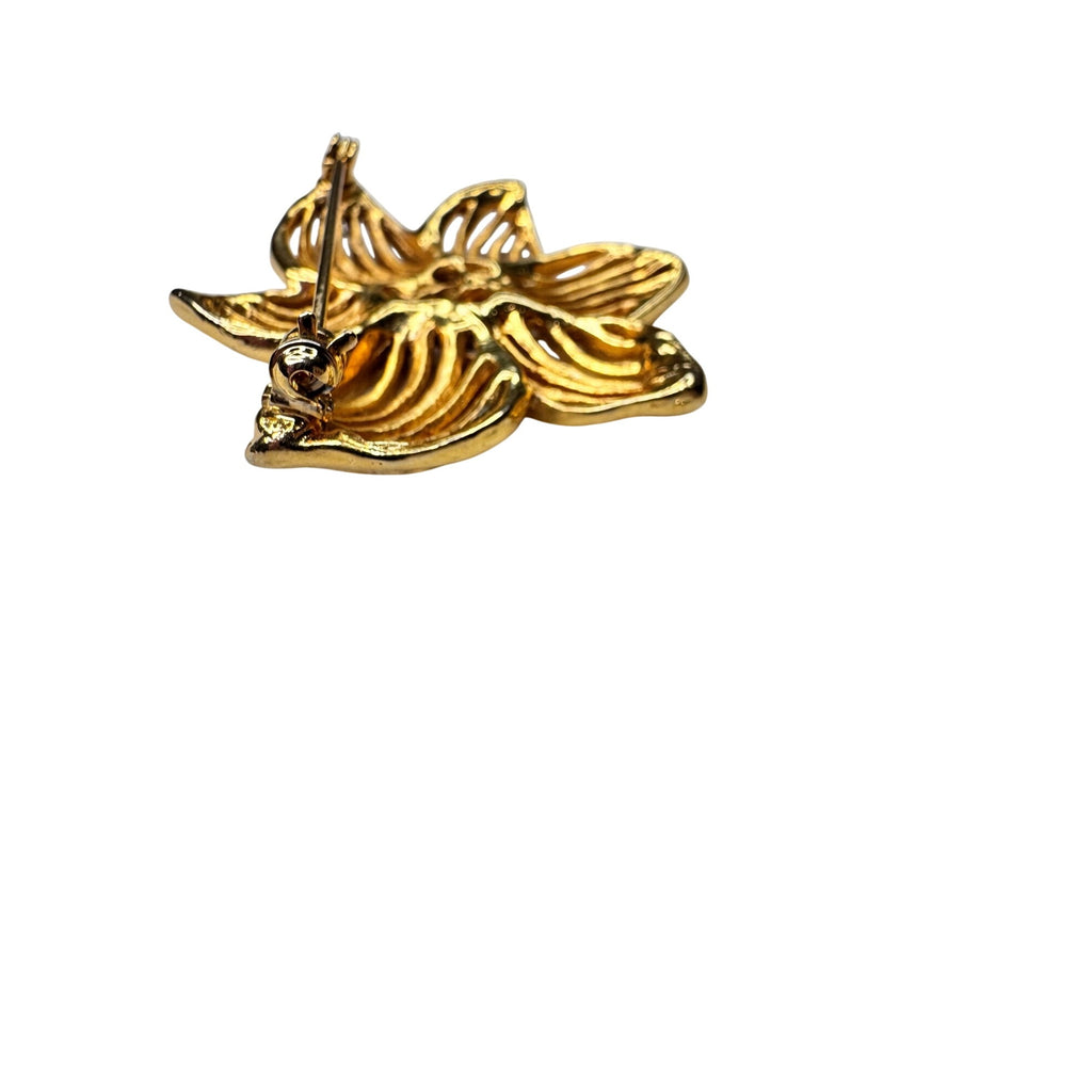 Unsigned Brooch Gold Tone Openwork Flower Floral 1980s Vintage