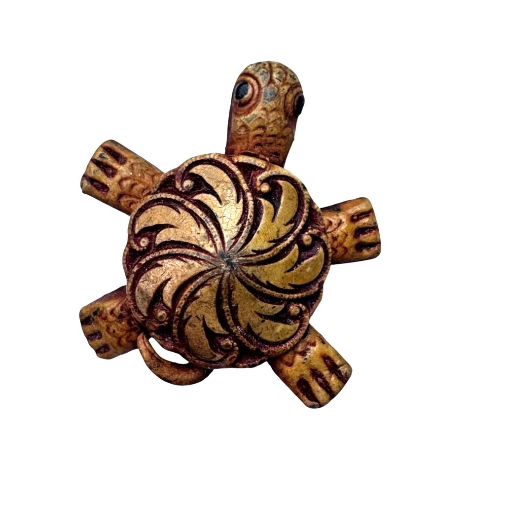 Vintage Unsigned Tooled Leather Boho Western Concho Turtle Brooch Brown 1.27”