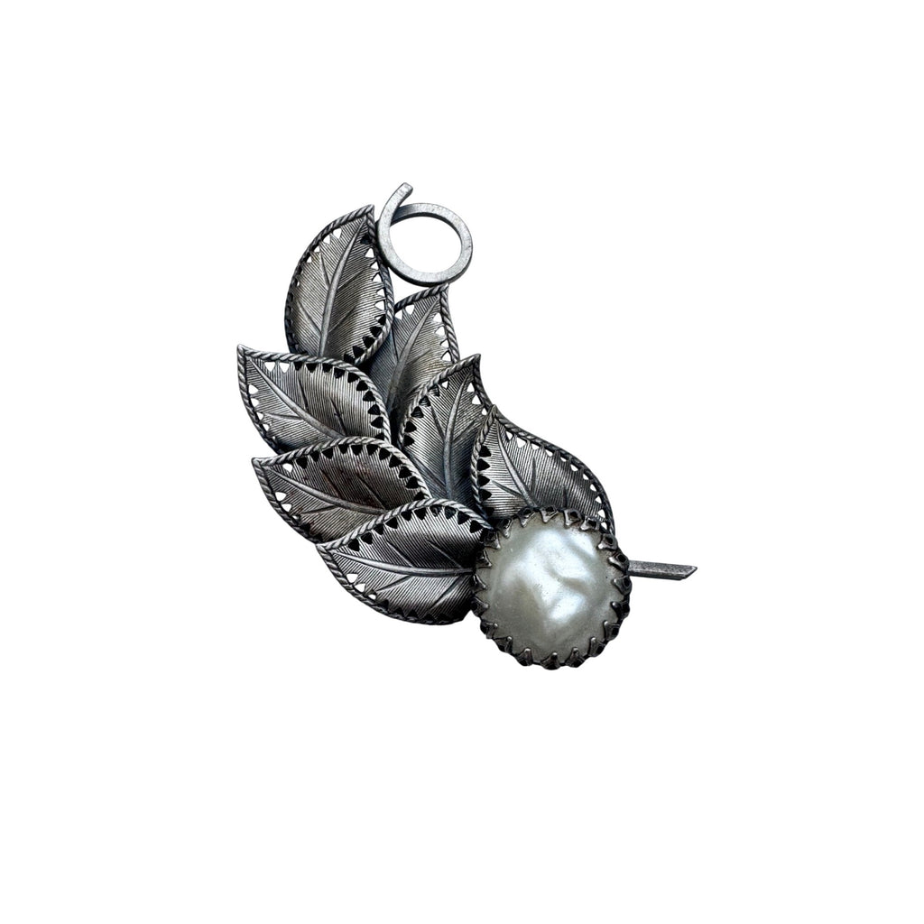 Vintage Unsigned Silver Tone Leaf Brooch Large Faux Pearl 2.91”