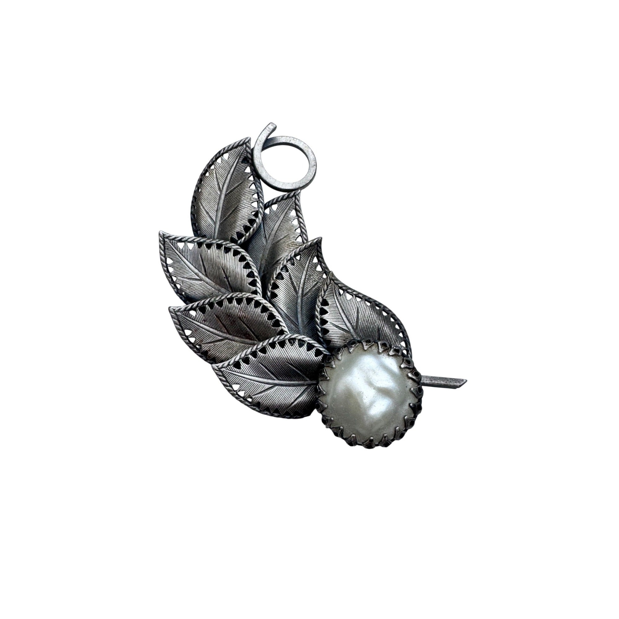 Vintage Unsigned Silver Tone Leaf Brooch Large Faux Pearl 2.91”