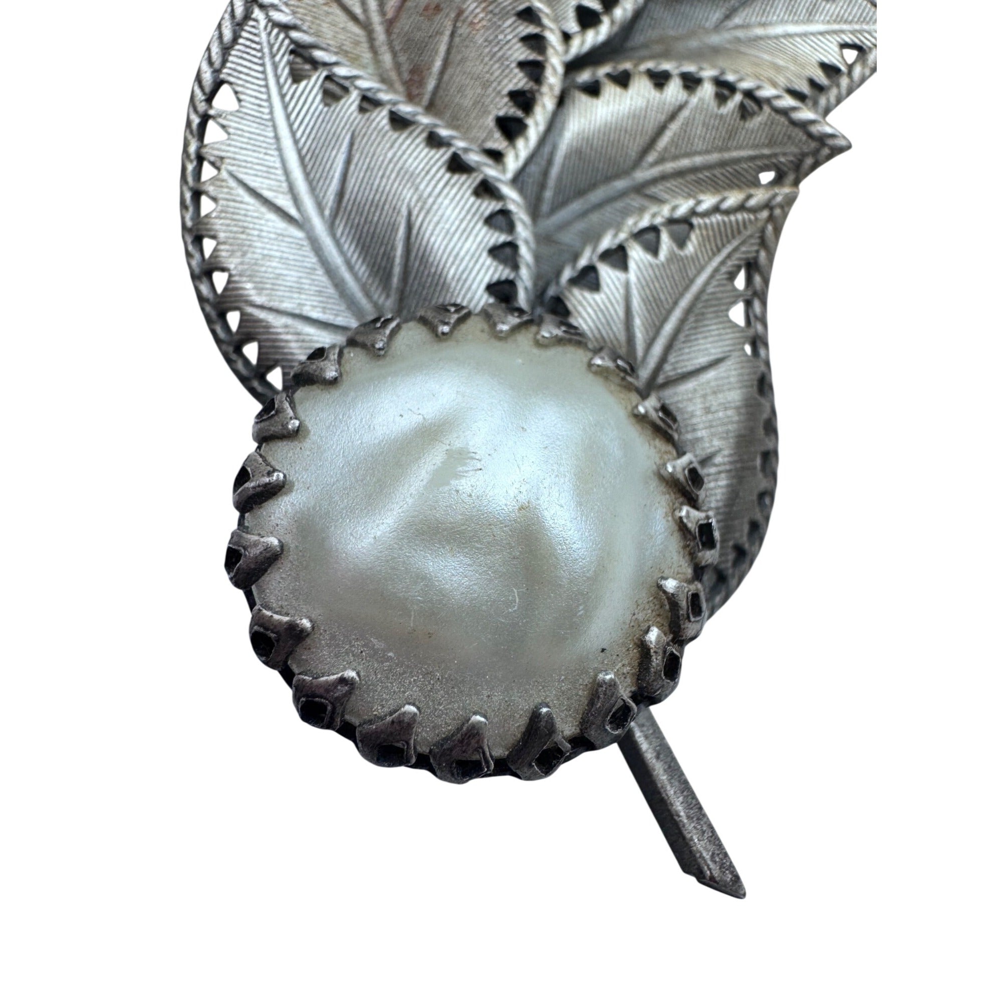 Vintage Unsigned Silver Tone Leaf Brooch Large Faux Pearl 2.91”