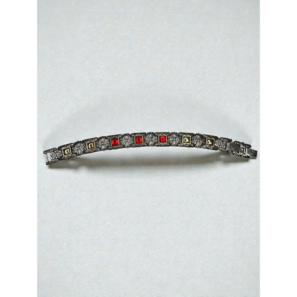 Silver Tone Link Bracelet Red Glass Gothic Scroll 2000s Vintage