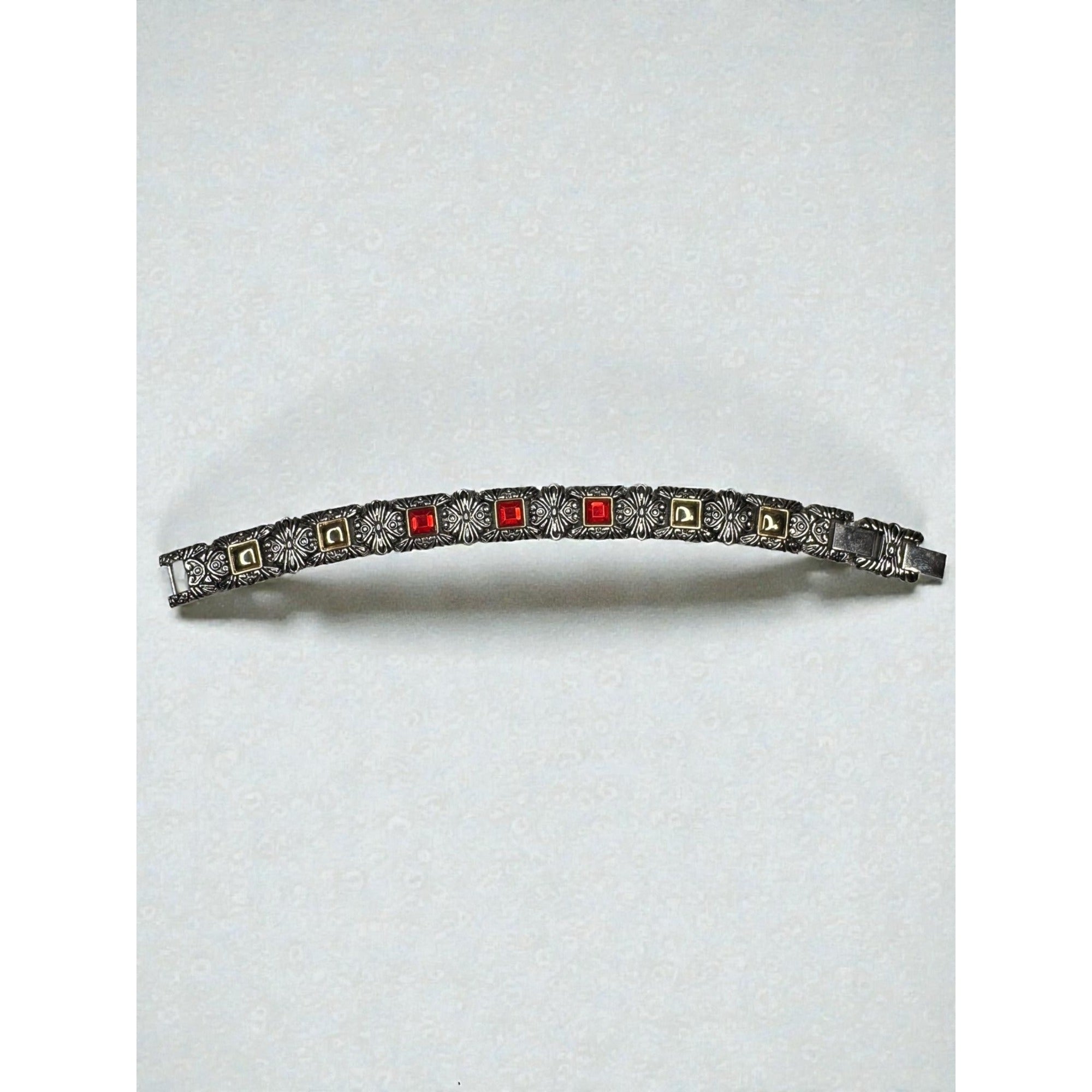 Silver Tone Link Bracelet Red Glass Gothic Scroll 2000s Vintage