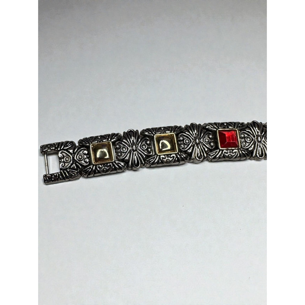 Silver Tone Link Bracelet Red Glass Gothic Scroll 2000s Vintage