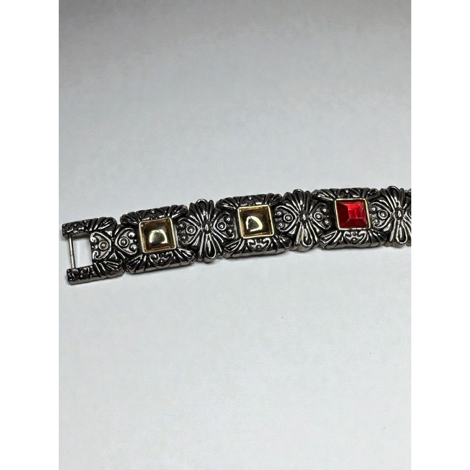 Silver Tone Link Bracelet Red Glass Gothic Scroll 2000s Vintage