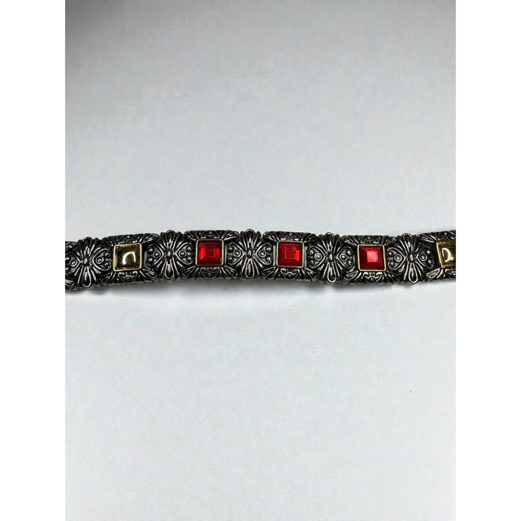 Silver Tone Link Bracelet Red Glass Gothic Scroll 2000s Vintage