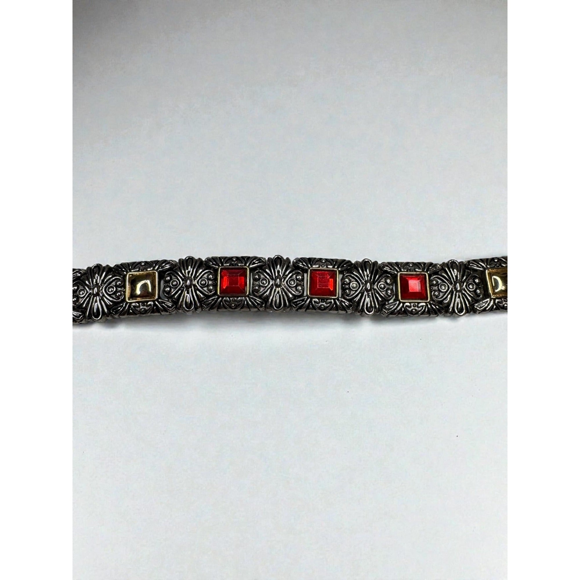 Silver Tone Link Bracelet Red Glass Gothic Scroll 2000s Vintage