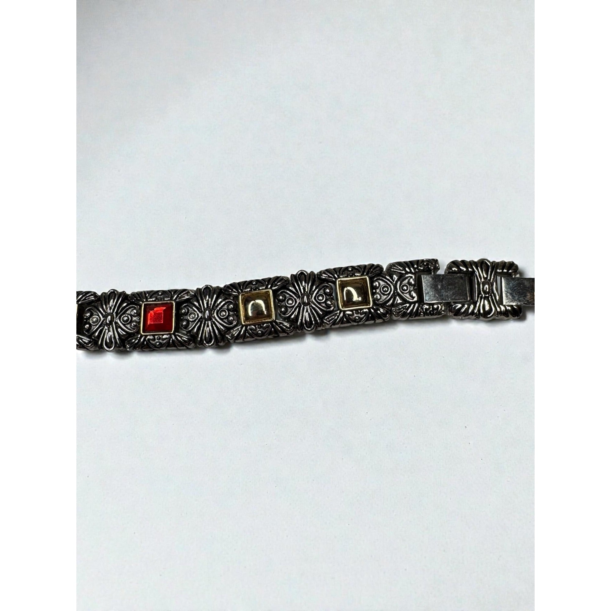 Silver Tone Link Bracelet Red Glass Gothic Scroll 2000s Vintage