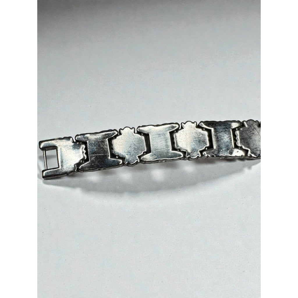 Silver Tone Link Bracelet Red Glass Gothic Scroll 2000s Vintage