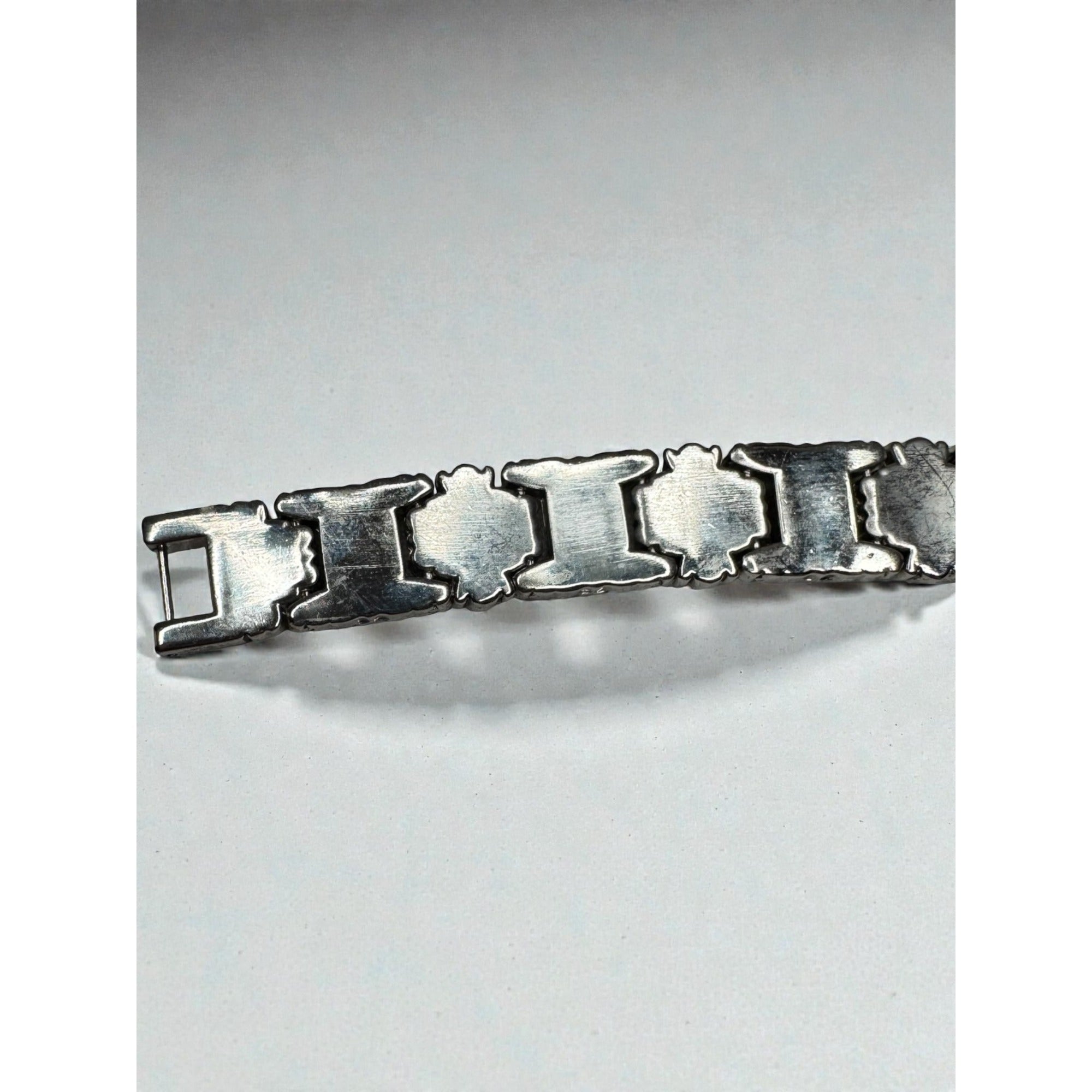 Silver Tone Link Bracelet Red Glass Gothic Scroll 2000s Vintage