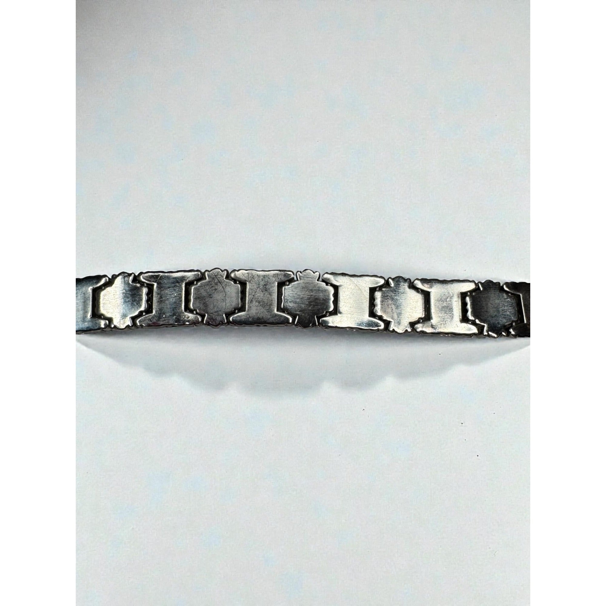 Silver Tone Link Bracelet Red Glass Gothic Scroll 2000s Vintage