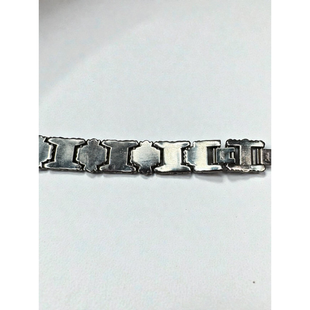Silver Tone Link Bracelet Red Glass Gothic Scroll 2000s Vintage