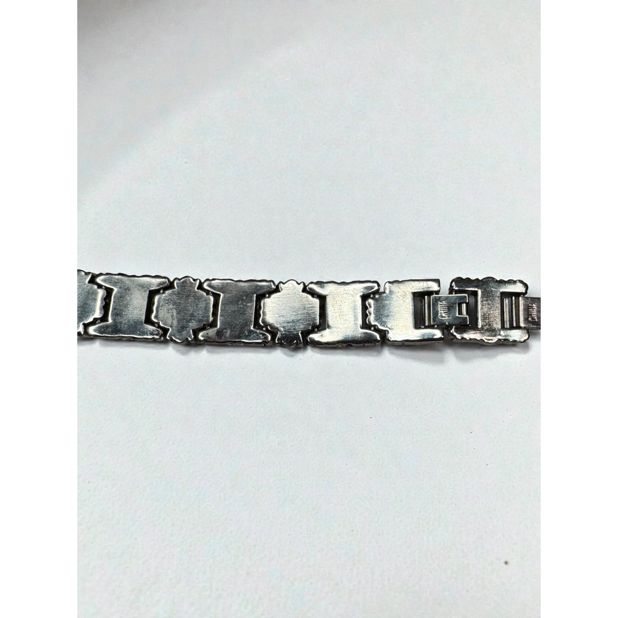 Silver Tone Link Bracelet Red Glass Gothic Scroll 2000s Vintage