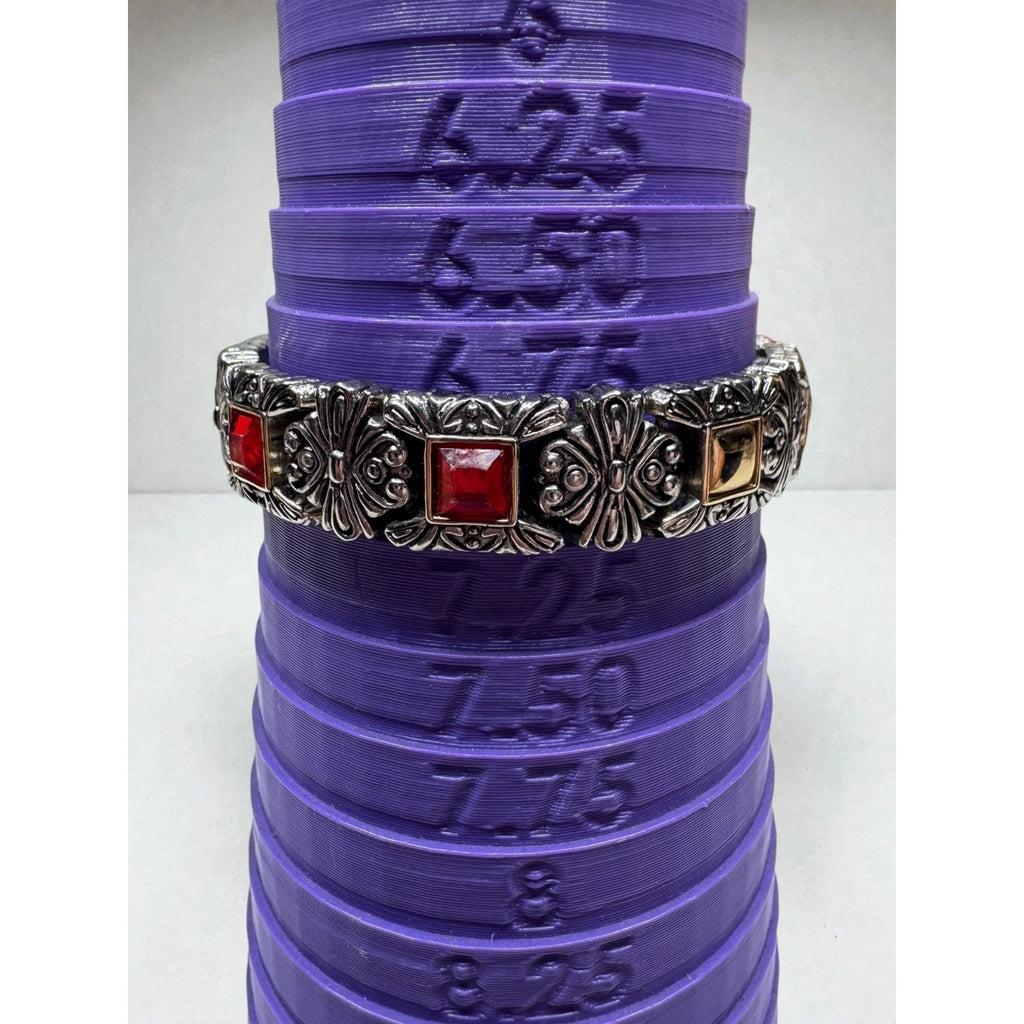 Silver Tone Link Bracelet Red Glass Gothic Scroll 2000s Vintage