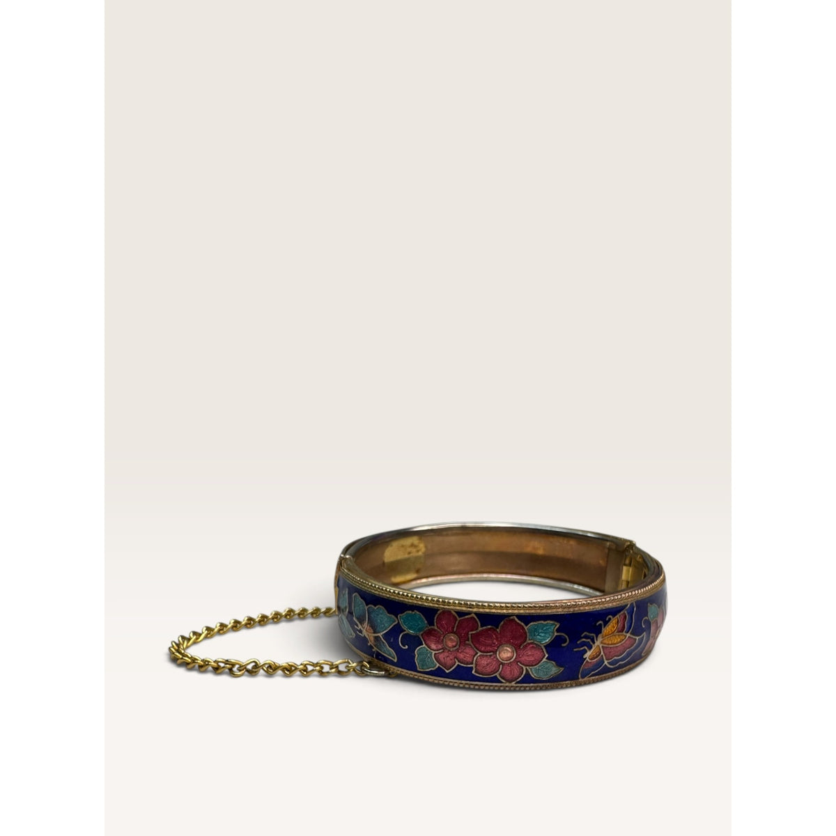 Cobalt Blue Cloisonne Enamel Floral Butterfly Hinged Bangle Bracelet 6.75"