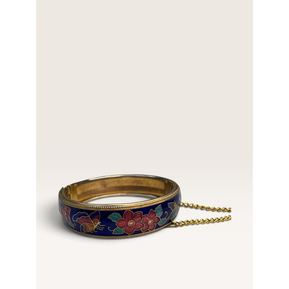 Cobalt Blue Cloisonne Enamel Floral Butterfly Hinged Bangle Bracelet 6.75"