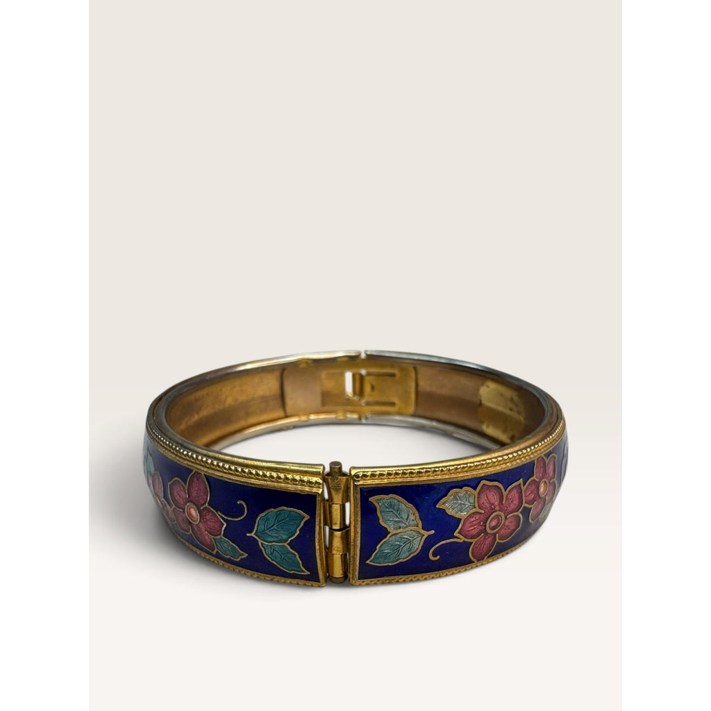 Cobalt Blue Cloisonne Enamel Floral Butterfly Hinged Bangle Bracelet 6.75"
