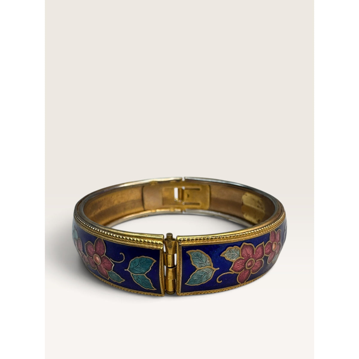 Cobalt Blue Cloisonne Enamel Floral Butterfly Hinged Bangle Bracelet 6.75"