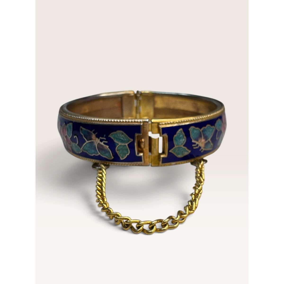 Cobalt Blue Cloisonne Enamel Floral Butterfly Hinged Bangle Bracelet 6.75"