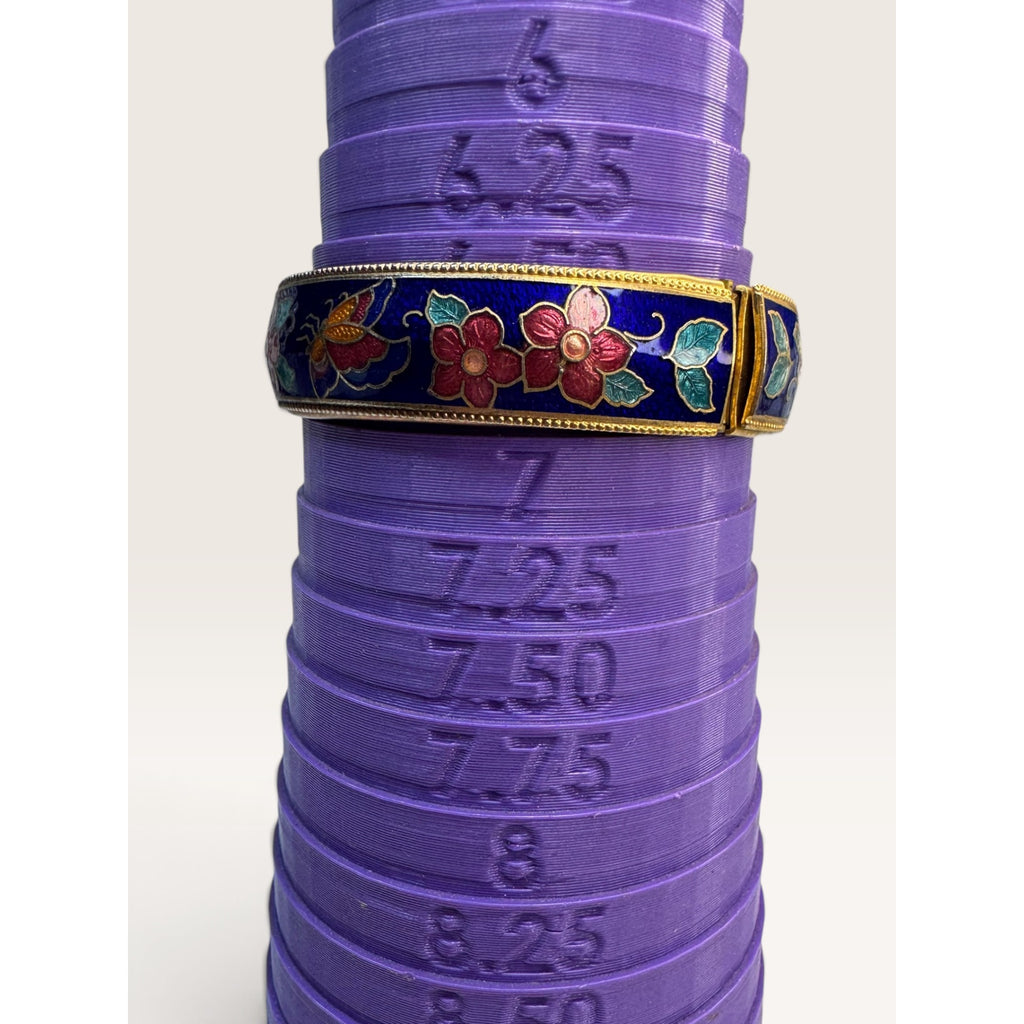 Cobalt Blue Cloisonne Enamel Floral Butterfly Hinged Bangle Bracelet 6.75"