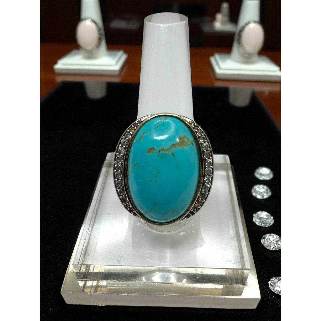 KRH Sterling Silver Oval Turquoise White Spinel Ring Size 7.5