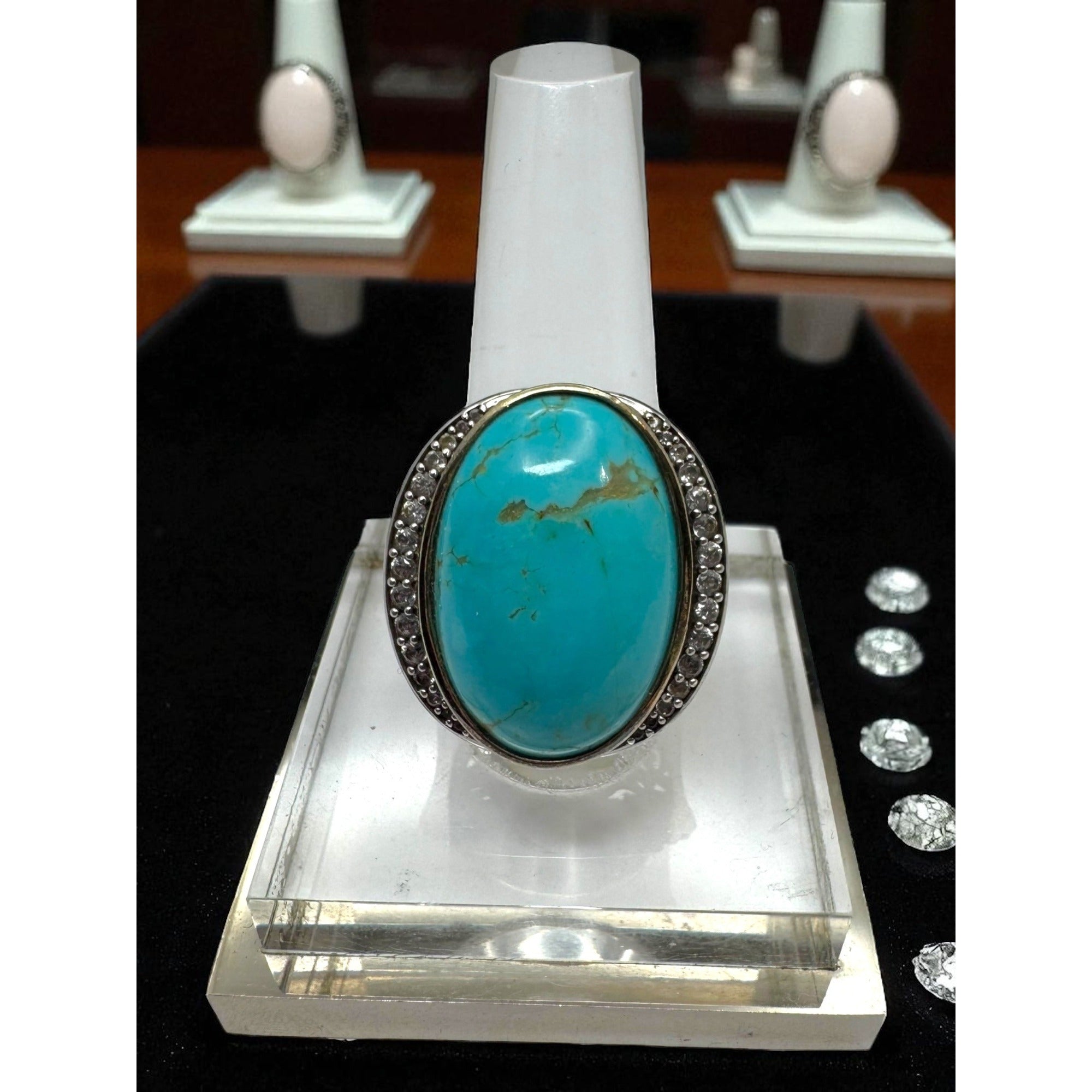 KRH Sterling Silver Oval Turquoise White Spinel Ring Size 7.5