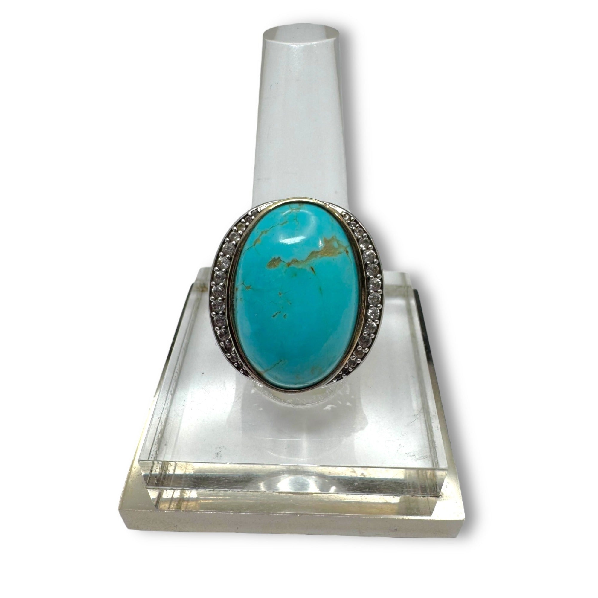 KRH Sterling Silver Oval Turquoise White Spinel Ring Size 7.5