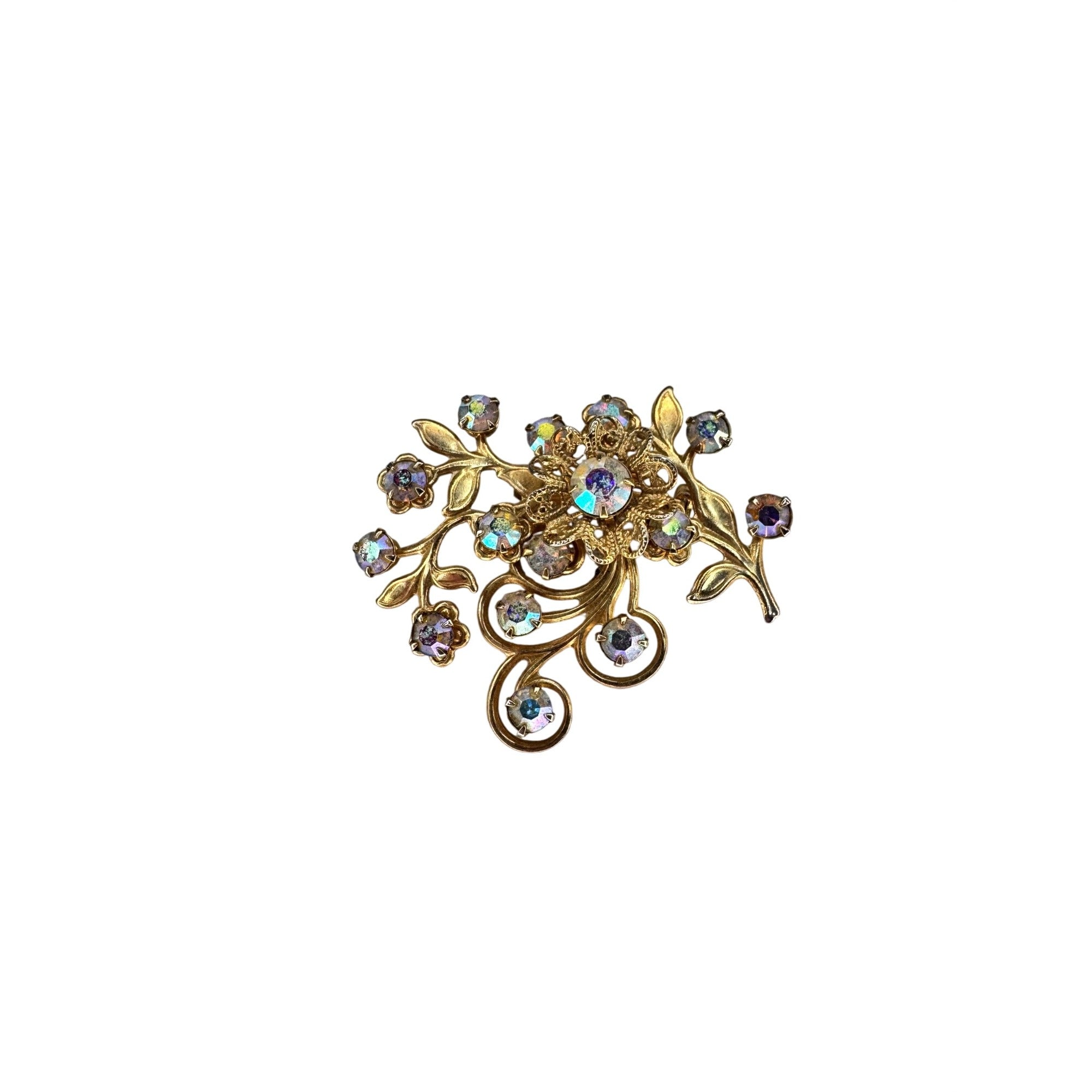 Floral Spray Brooch AB Crystal Gold Tone Filigree Unsigned Vintage