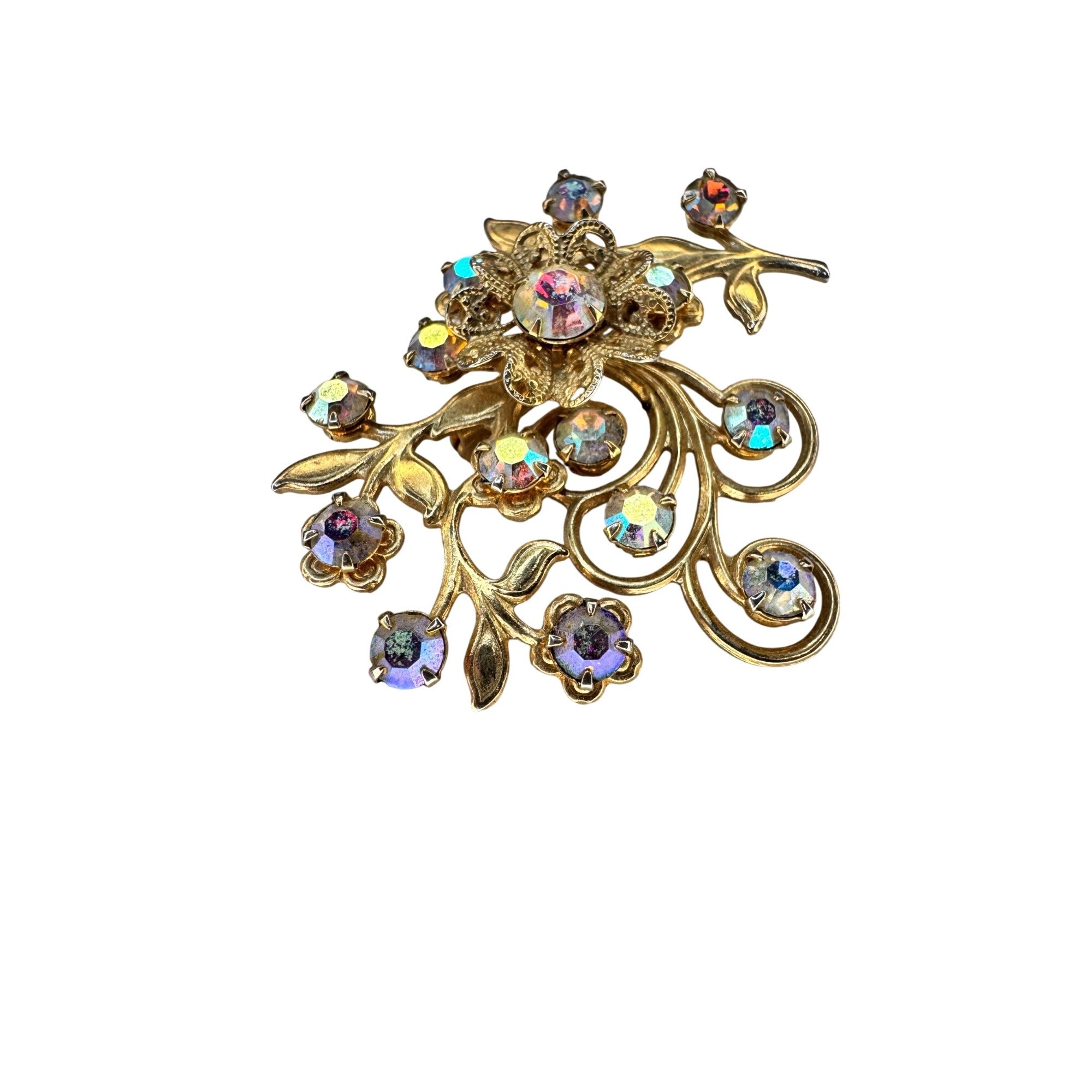 Floral Spray Brooch AB Crystal Gold Tone Filigree Unsigned Vintage