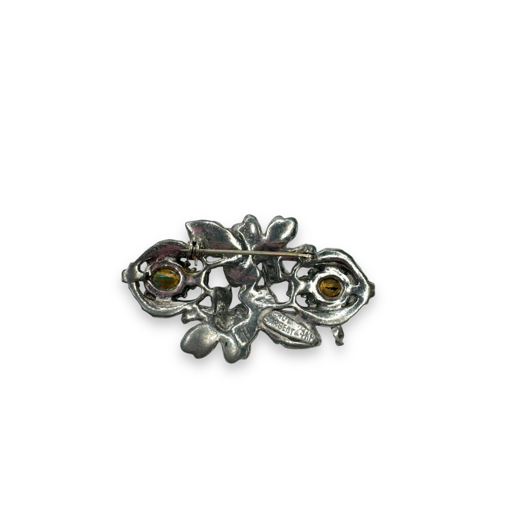 Paul Sargent 24KP Brooch With Green Clear Crystals Floral Design Vintage