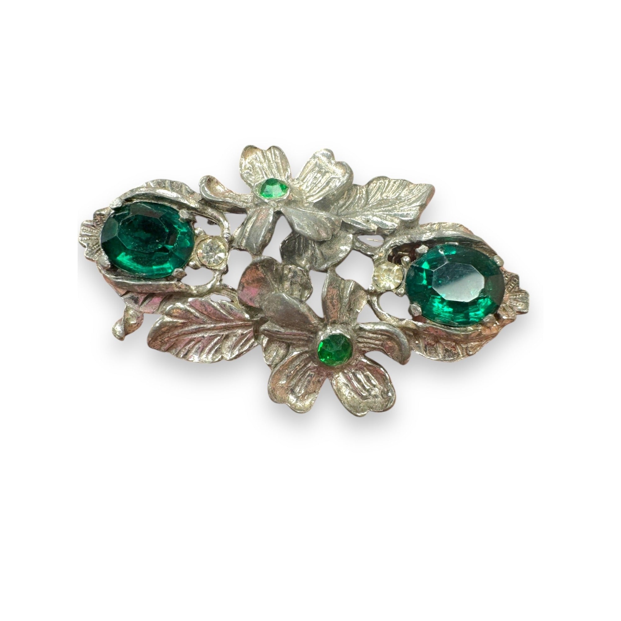 Paul Sargent 24KP Brooch With Green Clear Crystals Floral Design Vintage
