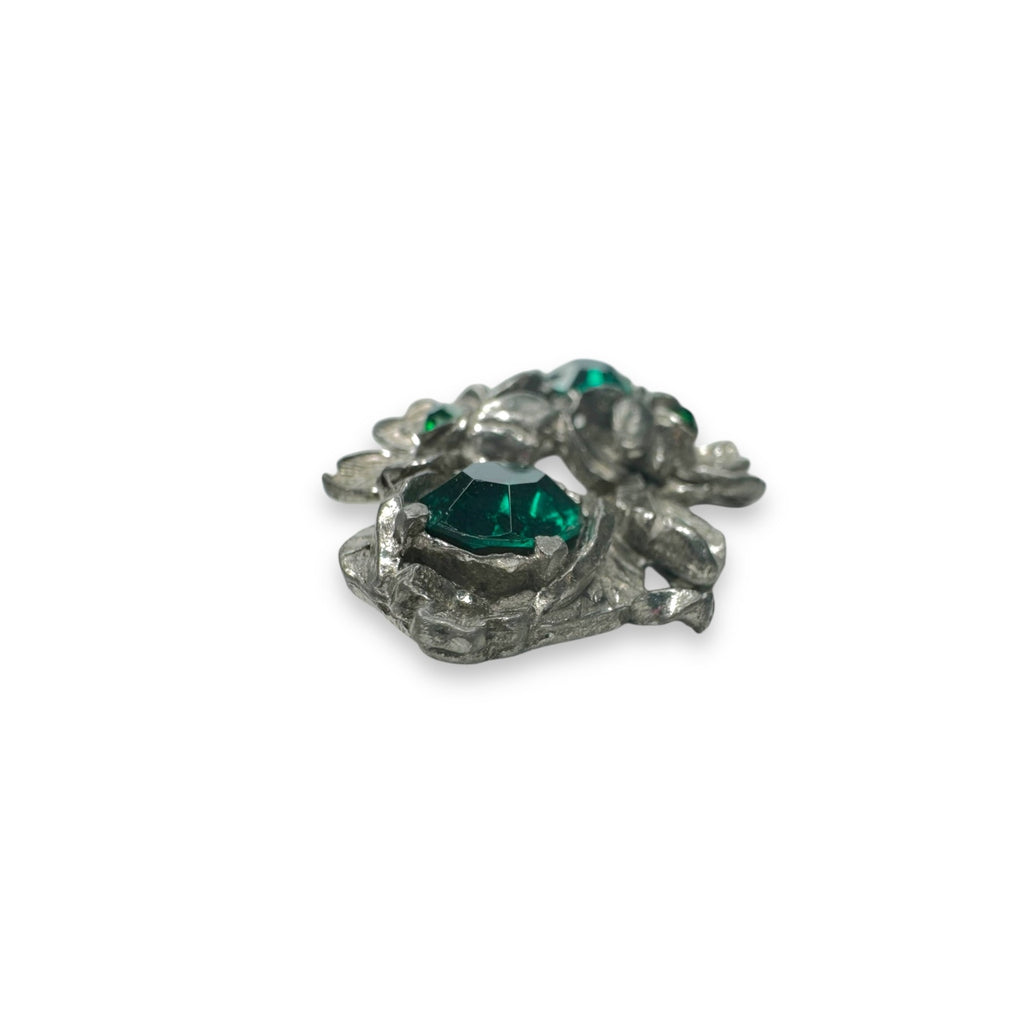 Paul Sargent 24KP Brooch With Green Clear Crystals Floral Design Vintage