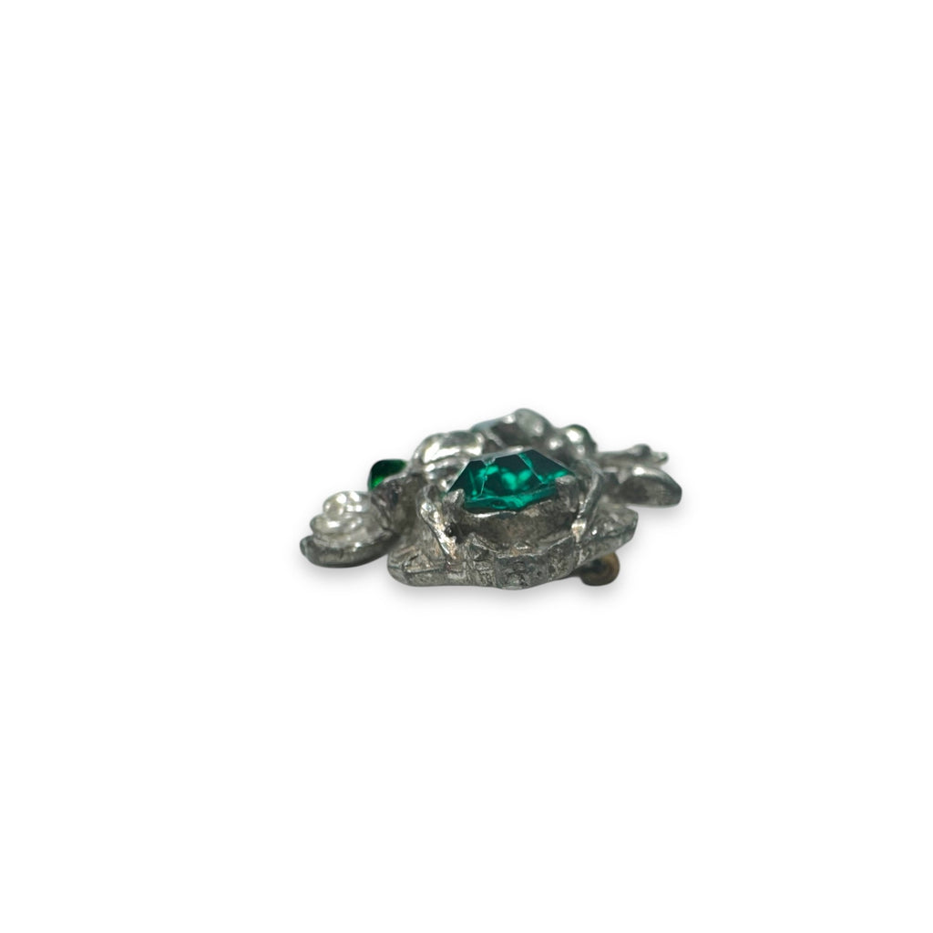 Paul Sargent 24KP Brooch With Green Clear Crystals Floral Design Vintage