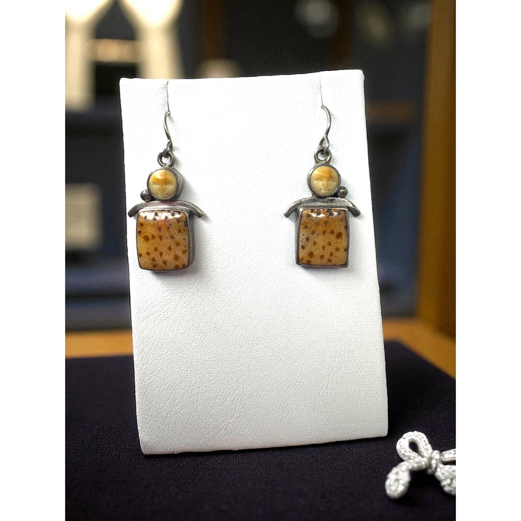 Vintage Sterling Silver Petrified Palm Goddess Dangle Earrings Pierced