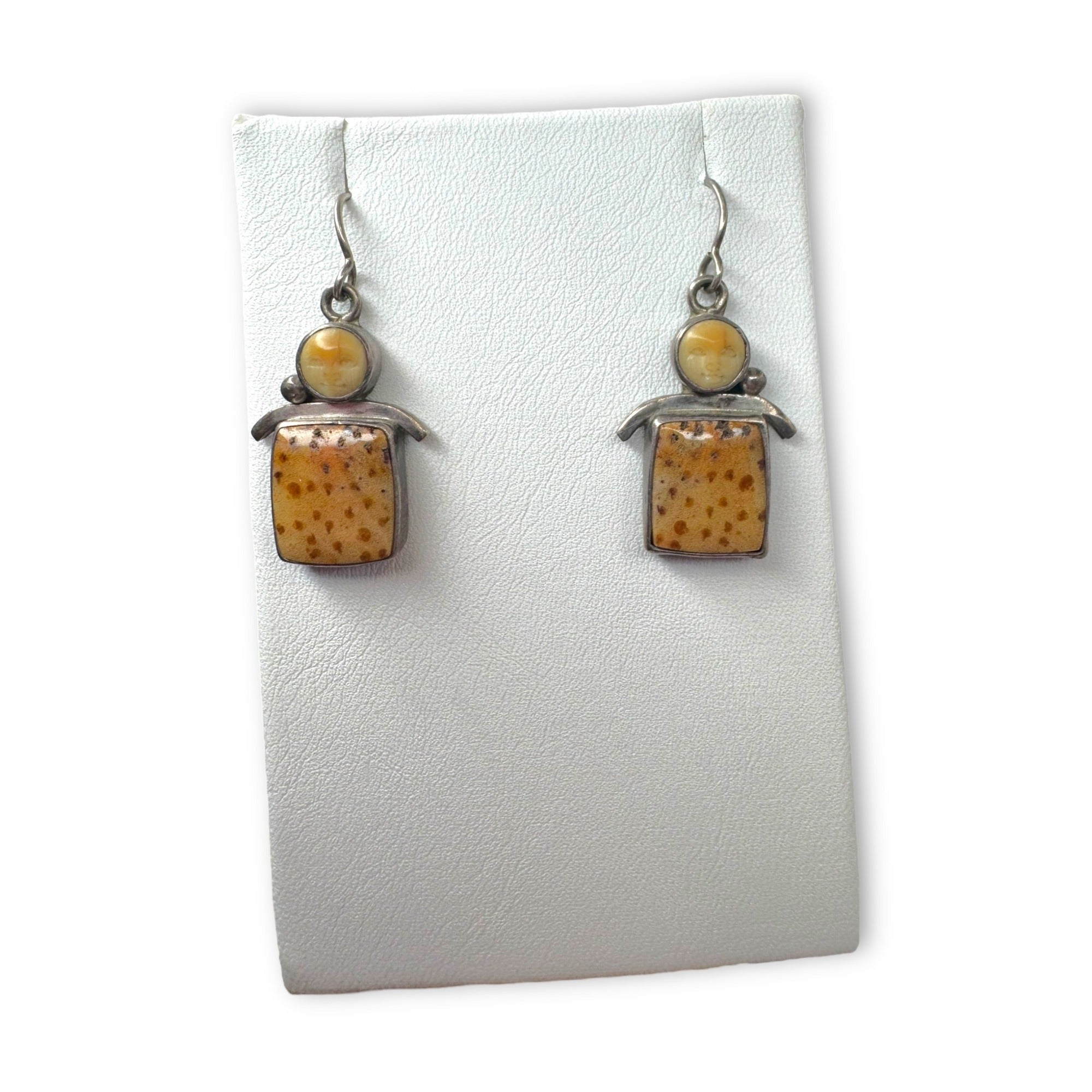 Vintage Sterling Silver Petrified Palm Goddess Dangle Earrings Pierced
