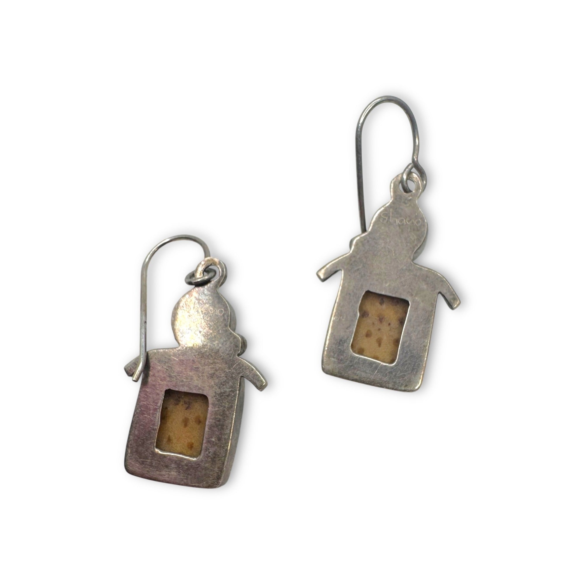 Vintage Sterling Silver Petrified Palm Goddess Dangle Earrings Pierced