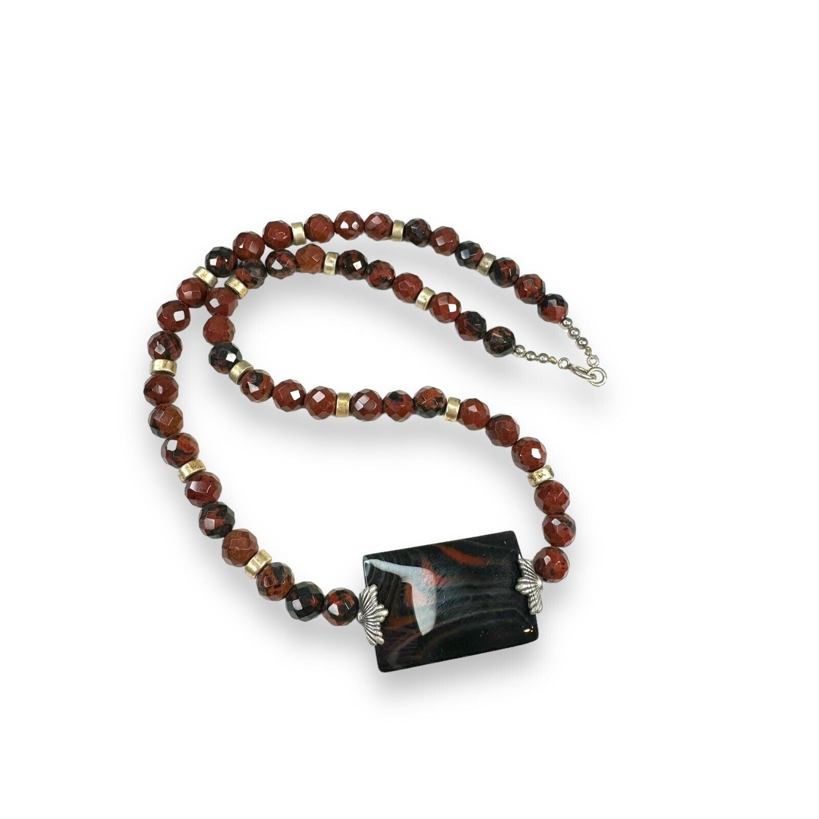 Vintage Red Jasper Bead Necklace Red Art Glass Sterling Silver 15"
