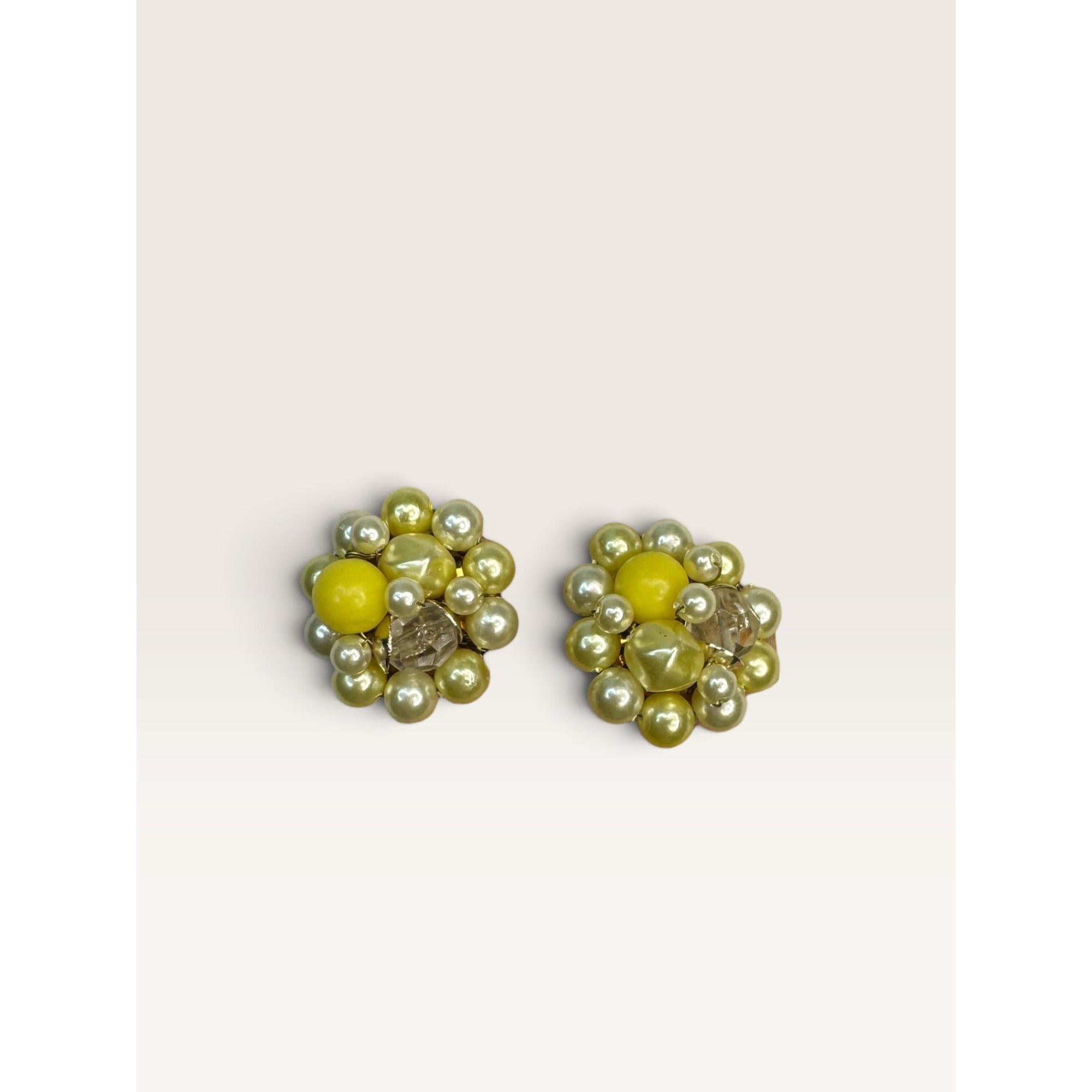 1950s Japan Yellow Faux Pearl Bead Cluster Clip Earrings .98" Vintage