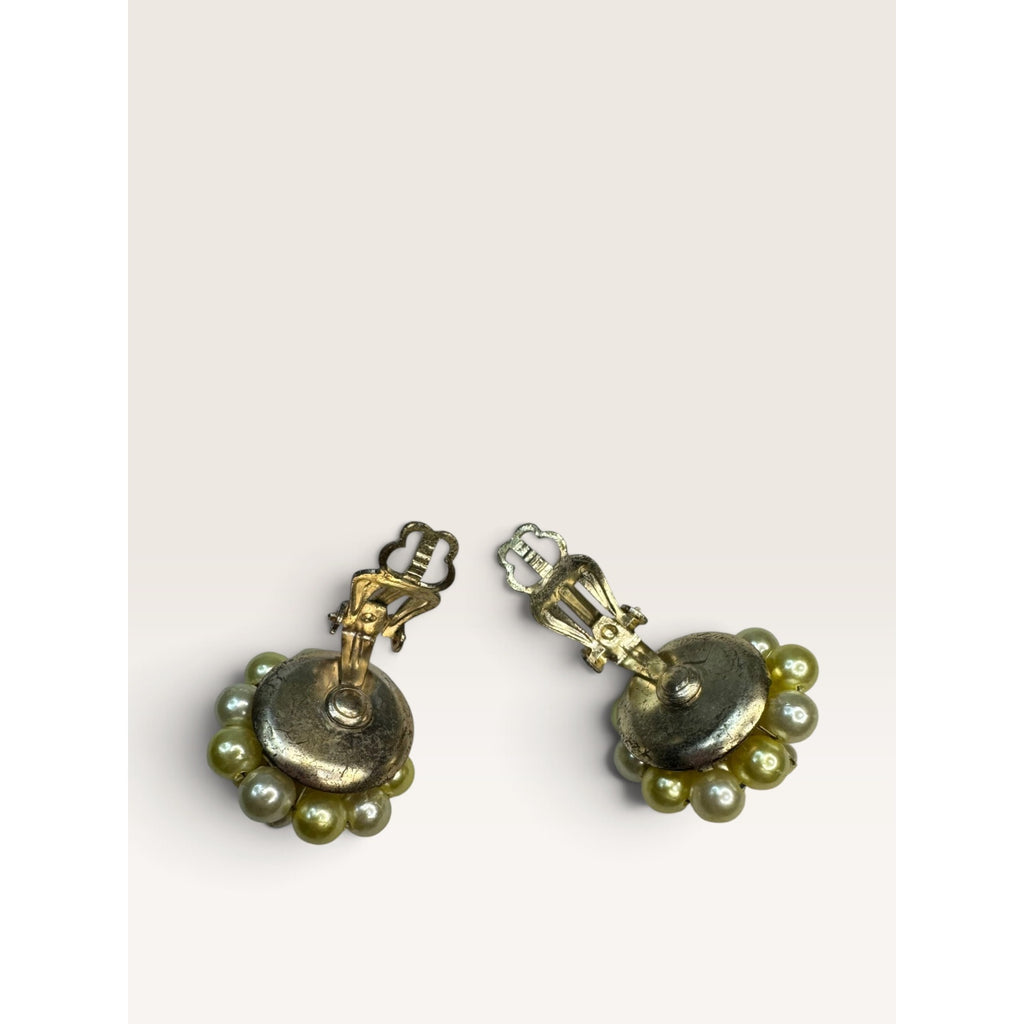 1950s Japan Yellow Faux Pearl Bead Cluster Clip Earrings .98" Vintage