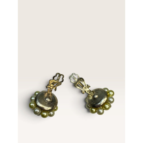 1950s Japan Yellow Faux Pearl Bead Cluster Clip Earrings .98" Vintage