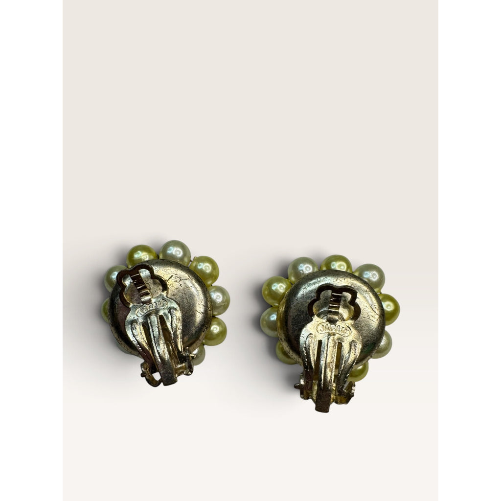 1950s Japan Yellow Faux Pearl Bead Cluster Clip Earrings .98" Vintage