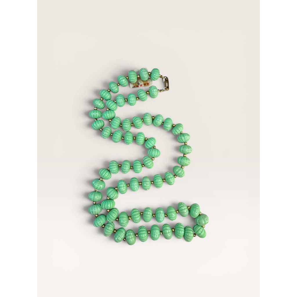 1960s Hong Kong Green Plastic Fluted Bead Single Strand Necklace 28" Vintage