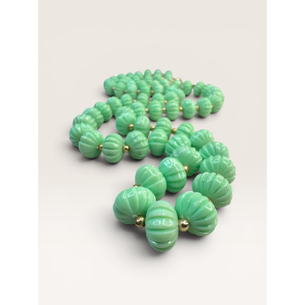 1960s Hong Kong Green Plastic Fluted Bead Single Strand Necklace 28" Vintage