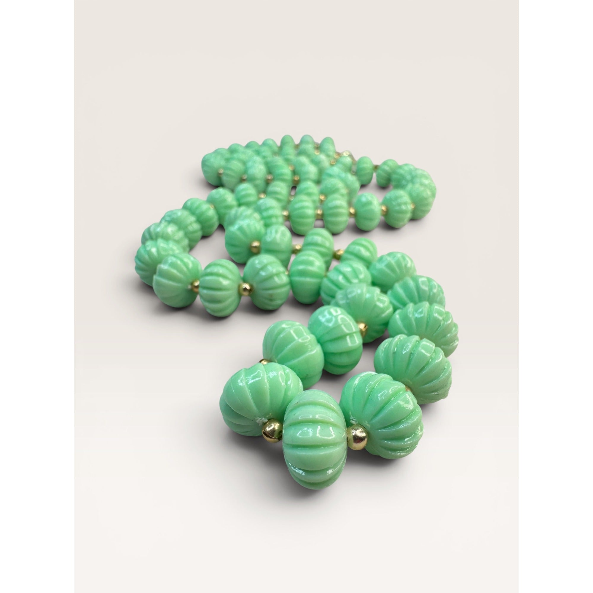 1960s Hong Kong Green Plastic Fluted Bead Single Strand Necklace 28" Vintage