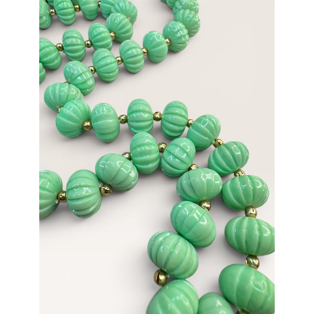1960s Hong Kong Green Plastic Fluted Bead Single Strand Necklace 28" Vintage