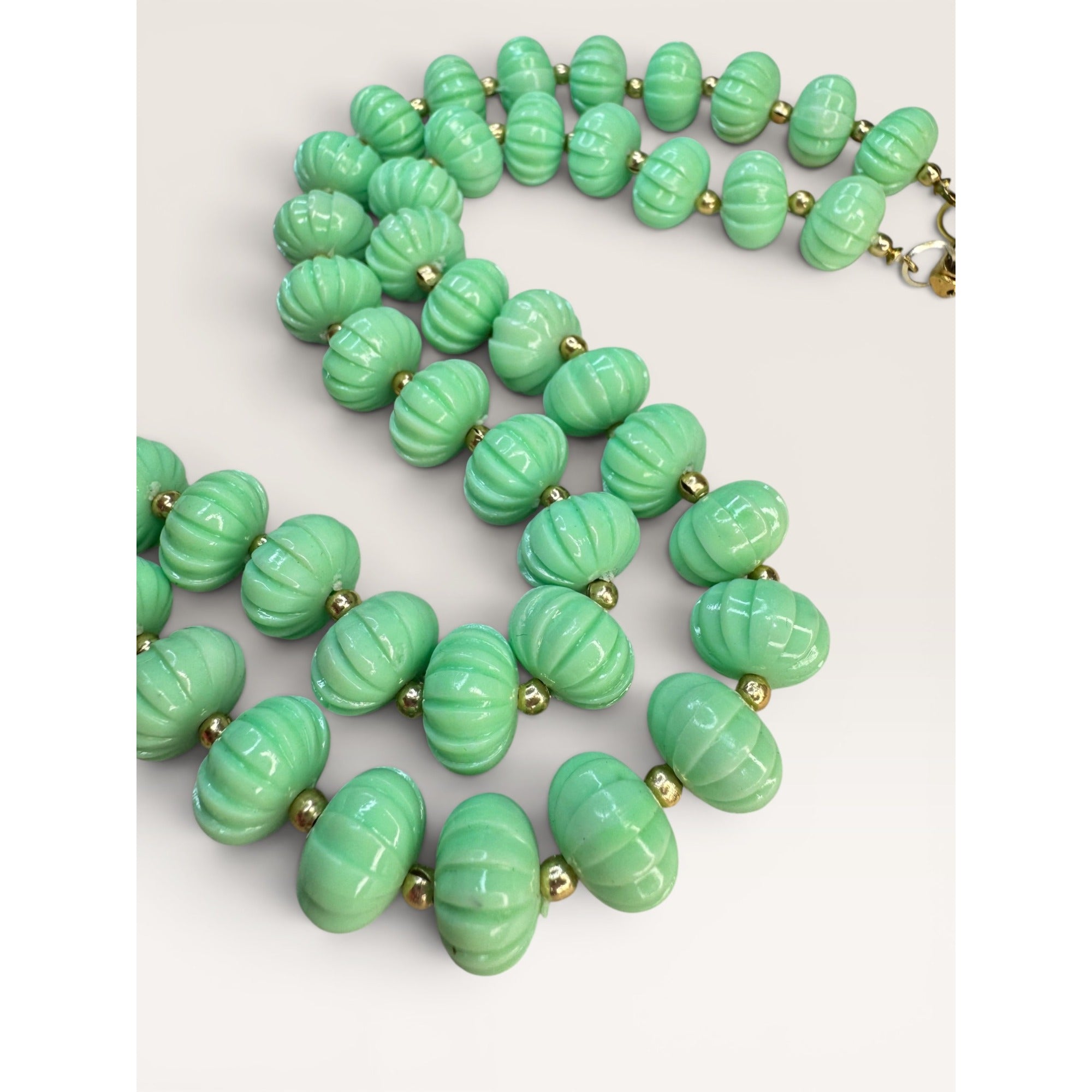 1960s Hong Kong Green Plastic Fluted Bead Single Strand Necklace 28" Vintage