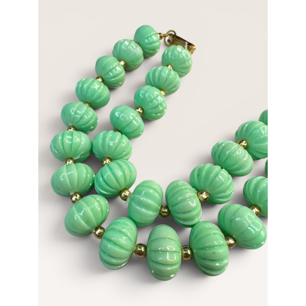 1960s Hong Kong Green Plastic Fluted Bead Single Strand Necklace 28" Vintage