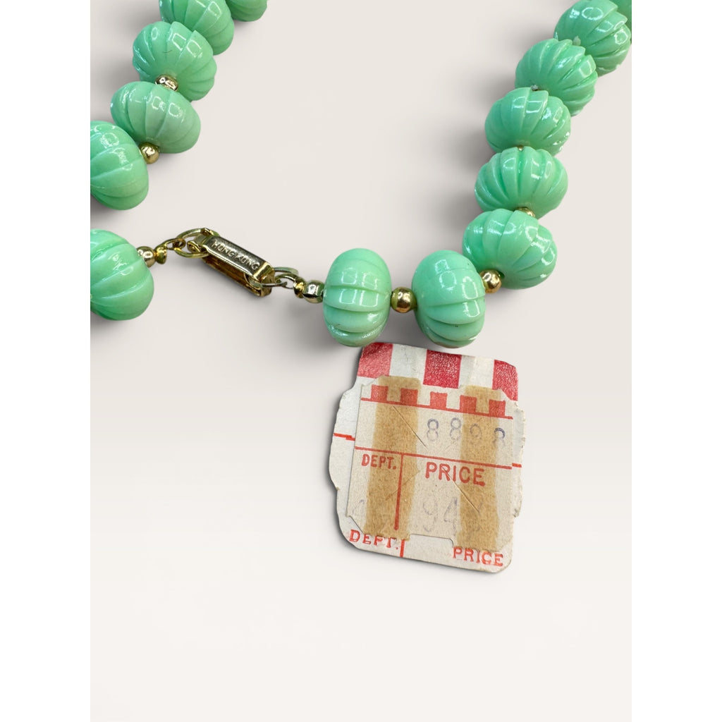 1960s Hong Kong Green Plastic Fluted Bead Single Strand Necklace 28" Vintage