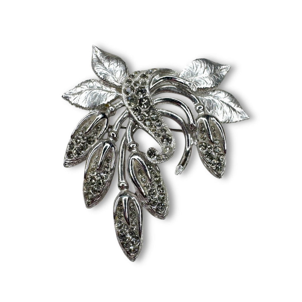 Eisenberg Ice Silver Tone Crystal Leaves Floral Brooch Pin