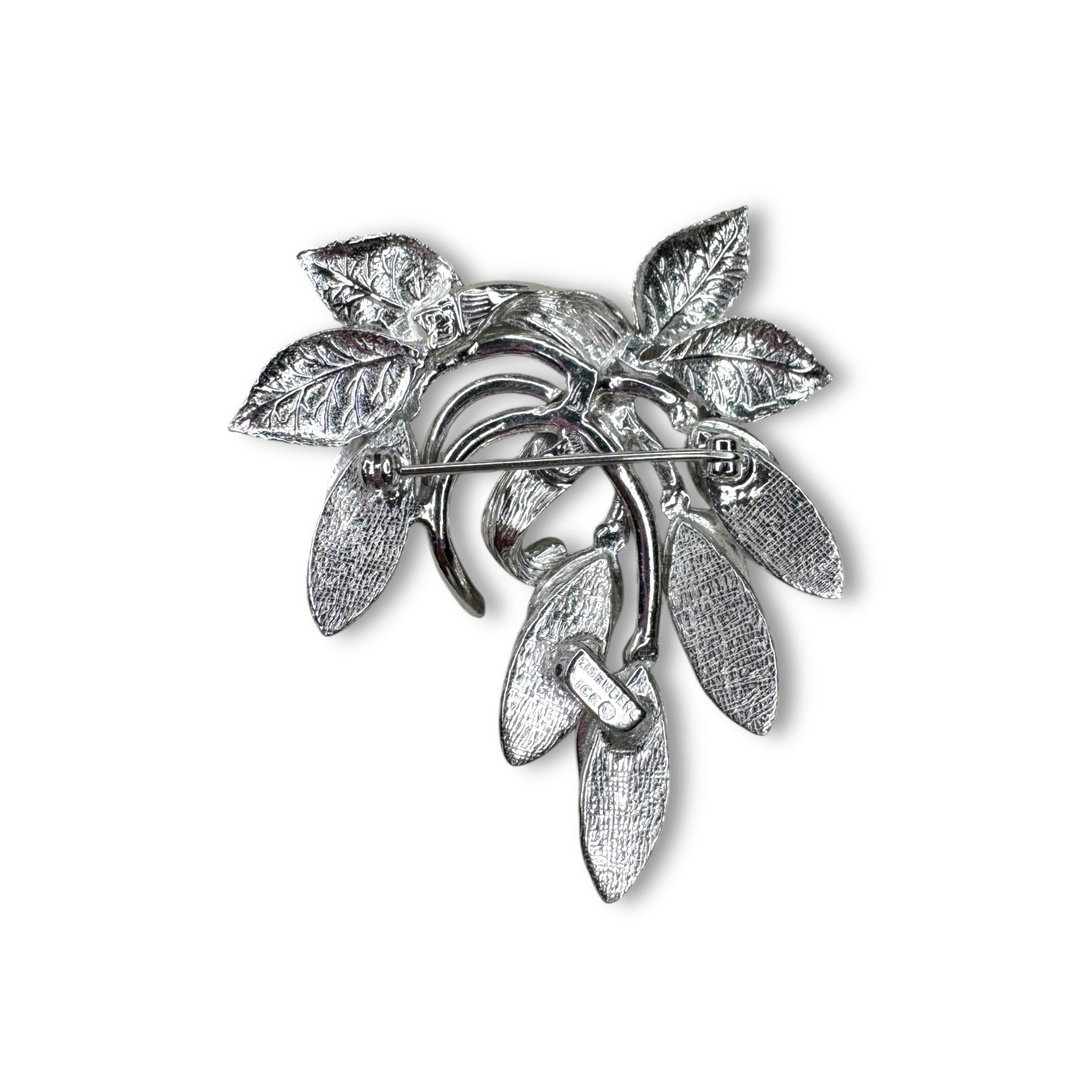 Eisenberg Ice Silver Tone Crystal Leaves Floral Brooch Pin